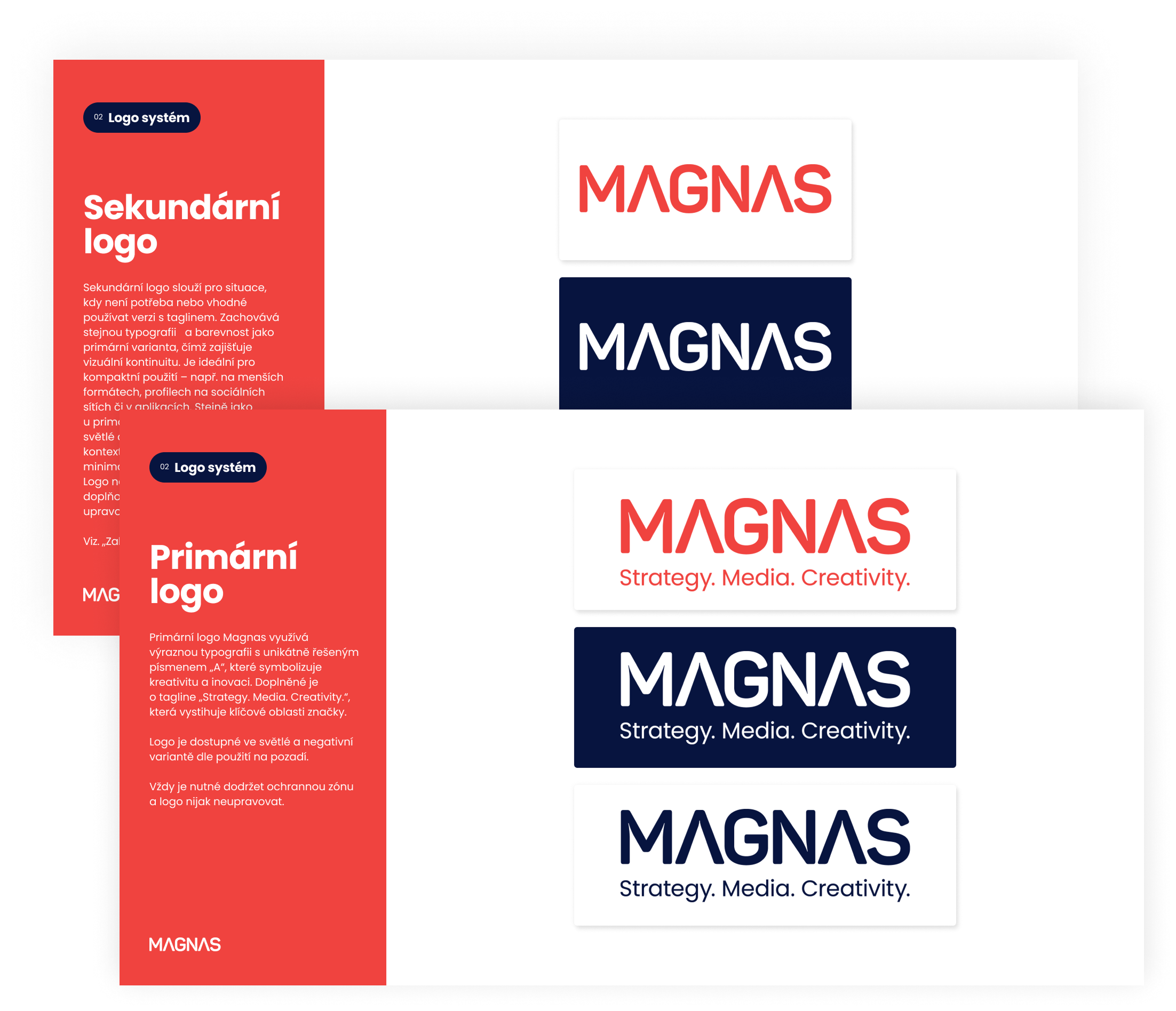 Přehled variant loga Magnas – světlá, tmavá a kompaktní verze