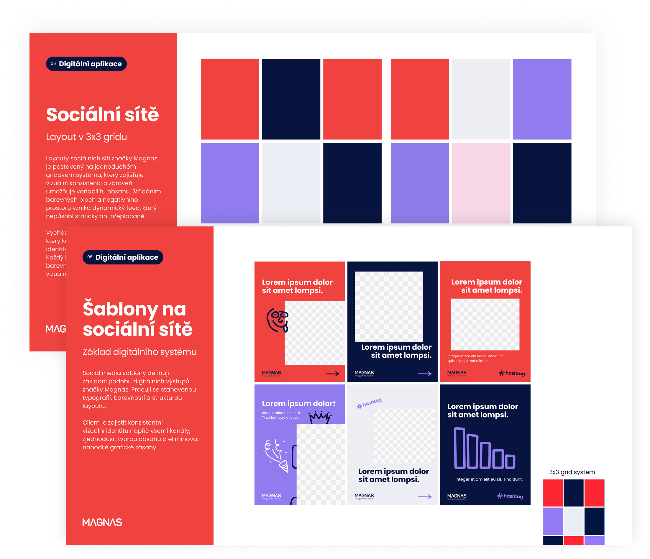 Ukázka z Magnas Brand Manuálu 2026 – systém gridu a šablony pro sociální sítě 