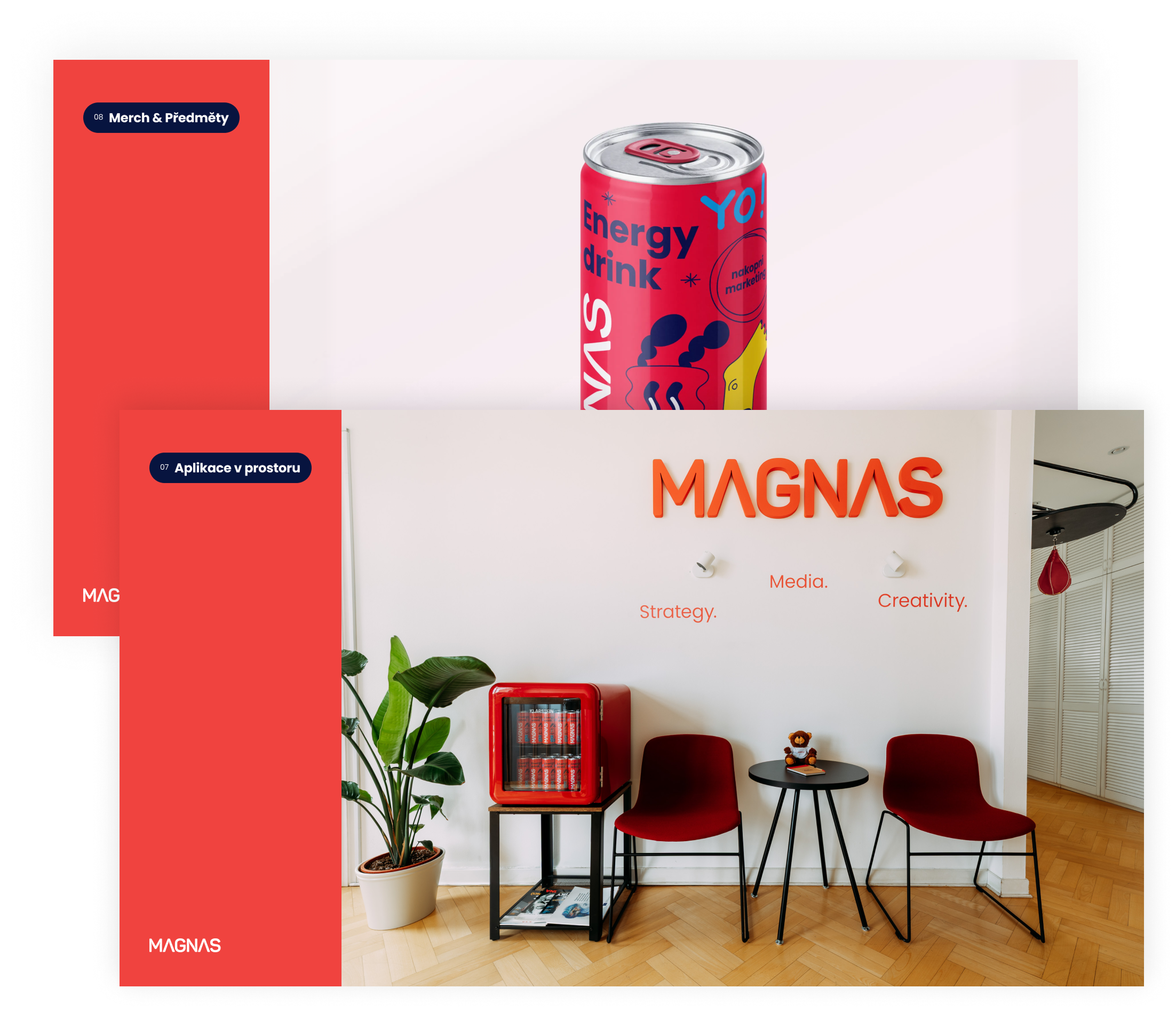 Alt text: Aplikace brand identity Magnas na propagační předměty a prostředí – merch, exteriér